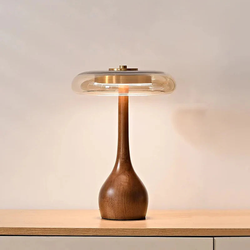 Camille Retro Wood & Glass Table Lamp