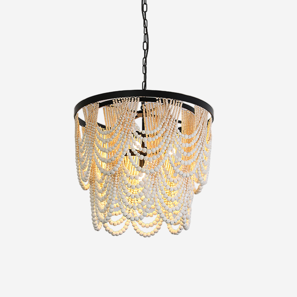 Margaux Wood Bead Chandelier, Rustic Elegance with Matte Black Frame
