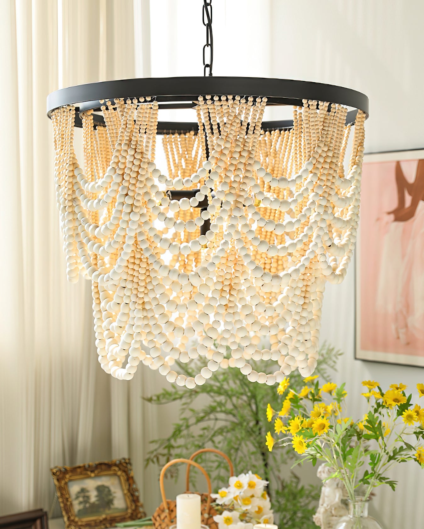Margaux Wood Bead Chandelier, Rustic Elegance with Matte Black Frame