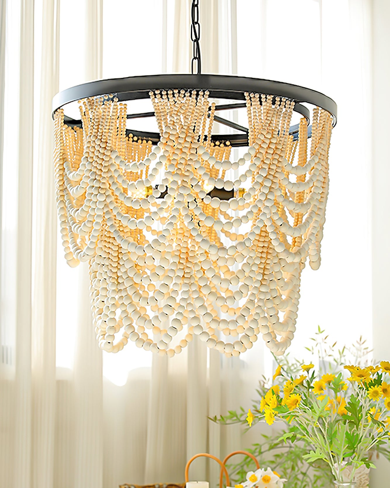Margaux Wood Bead Chandelier, Rustic Elegance with Matte Black Frame