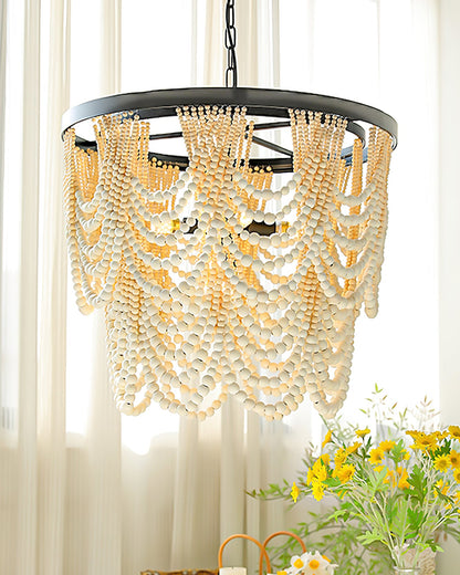 Margaux Wood Bead Chandelier, Rustic Elegance with Matte Black Frame