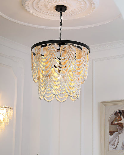 Margaux Wood Bead Chandelier, Rustic Elegance with Matte Black Frame