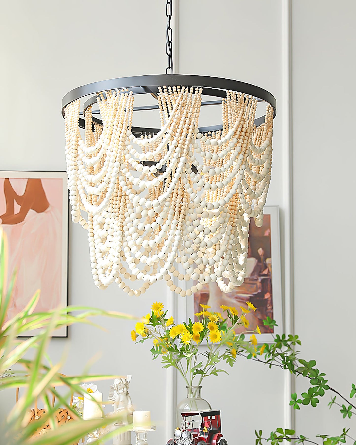 Margaux Wood Bead Chandelier, Rustic Elegance with Matte Black Frame