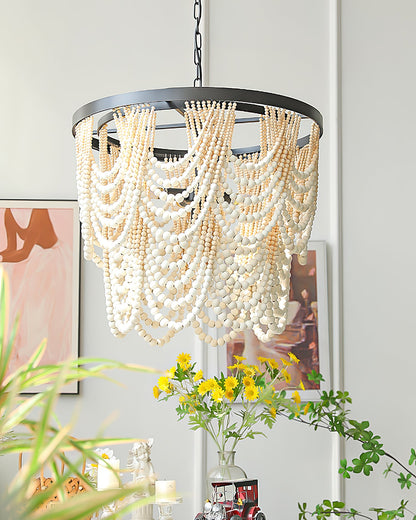 Margaux Wood Bead Chandelier, Rustic Elegance with Matte Black Frame
