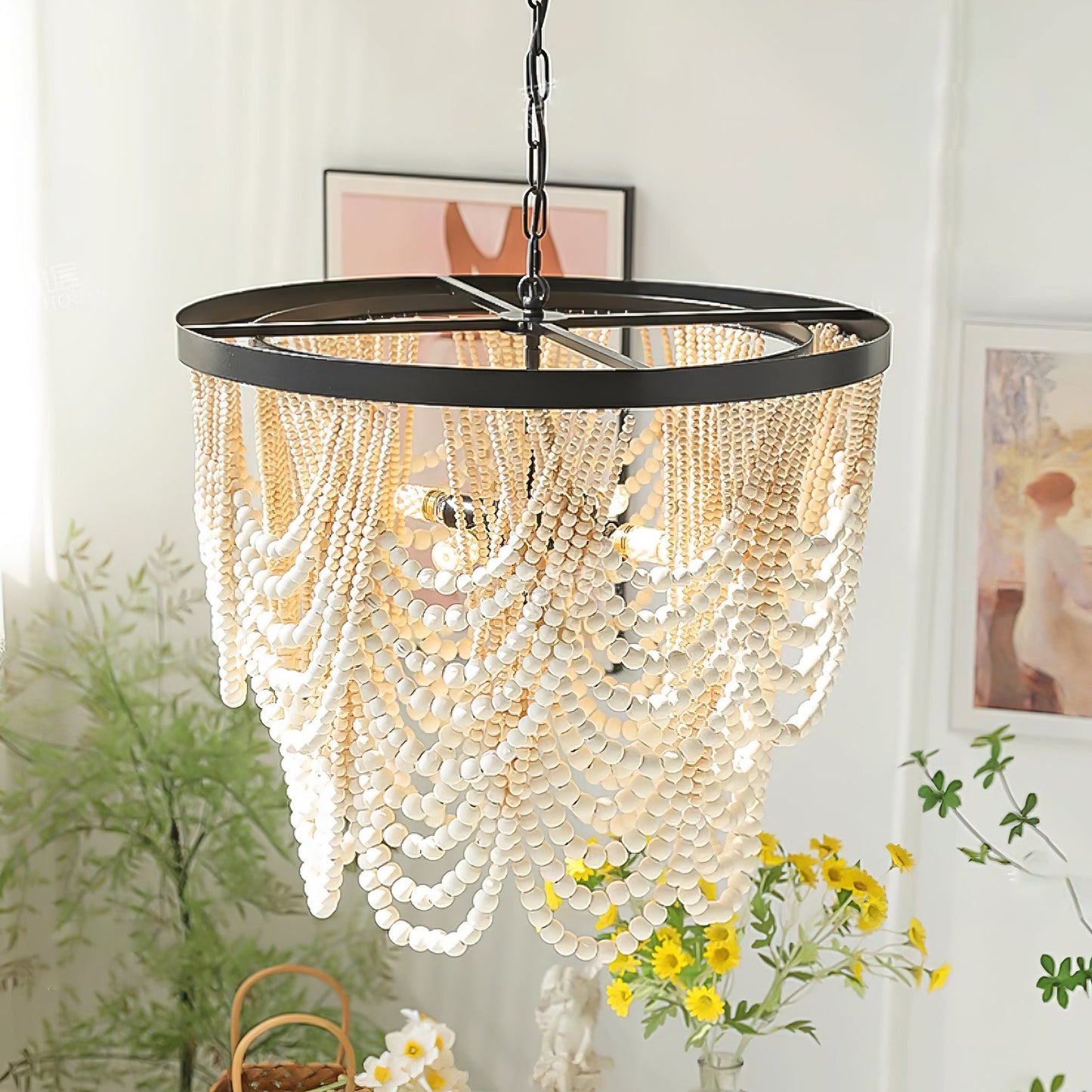 Margaux Wood Bead Chandelier, Rustic Elegance with Matte Black Frame