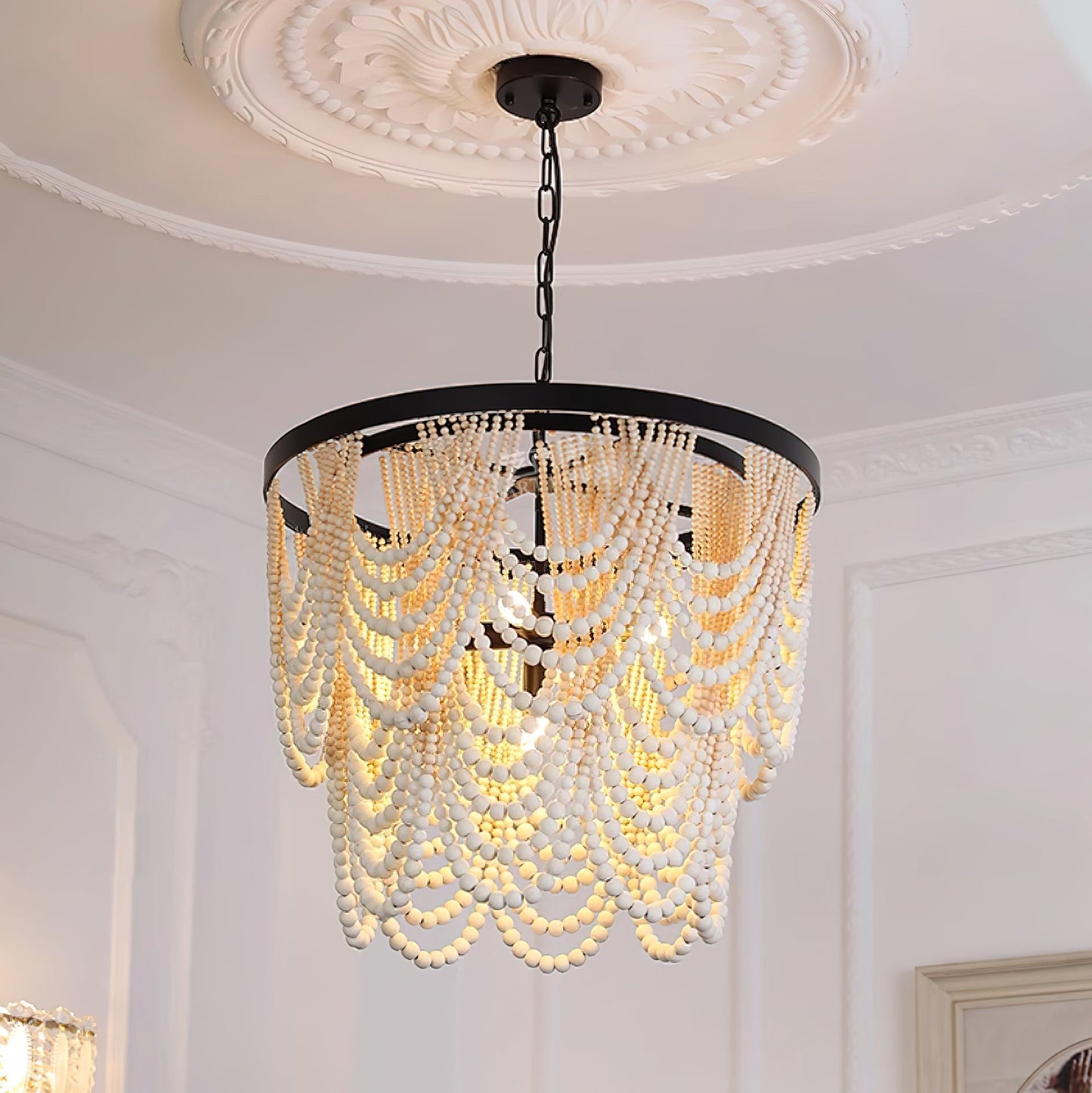 Margaux Wood Bead Chandelier, Rustic Elegance with Matte Black Frame