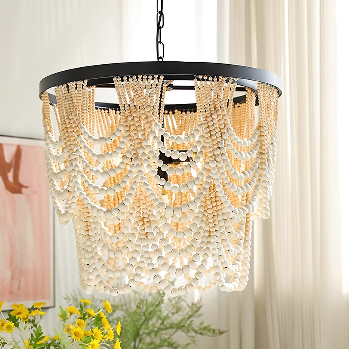 Margaux Wood Bead Chandelier, Rustic Elegance with Matte Black Frame