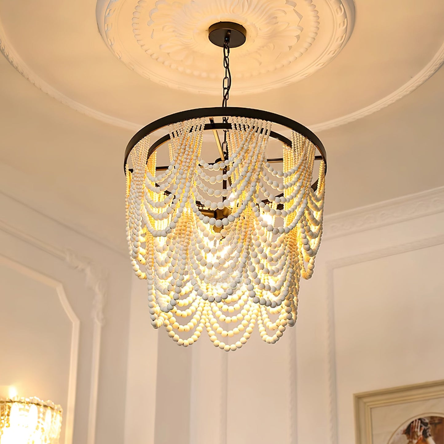 Margaux Wood Bead Chandelier, Rustic Elegance with Matte Black Frame