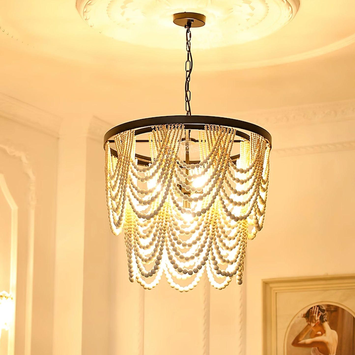 Margaux Wood Bead Chandelier, Rustic Elegance with Matte Black Frame
