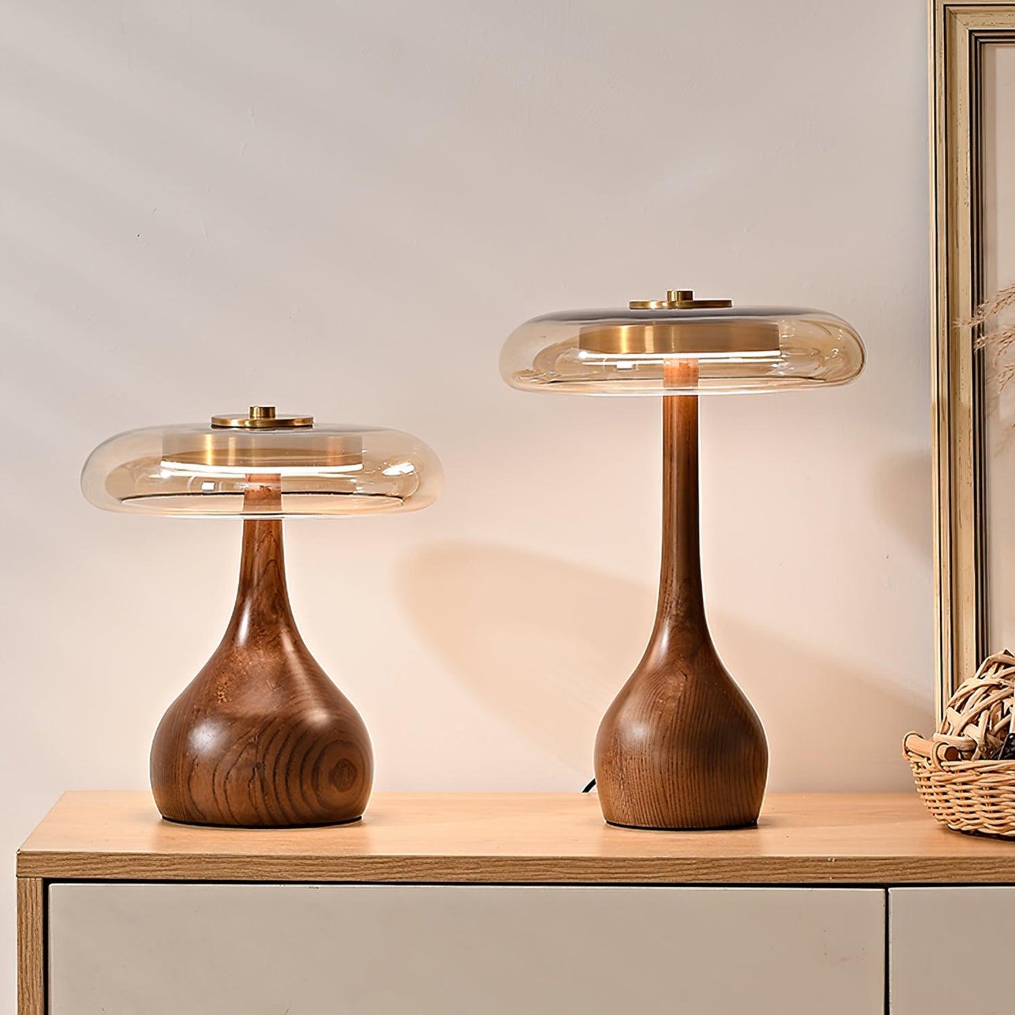 Élise Glass Table Lamp with Wooden Base and LED Dimmer