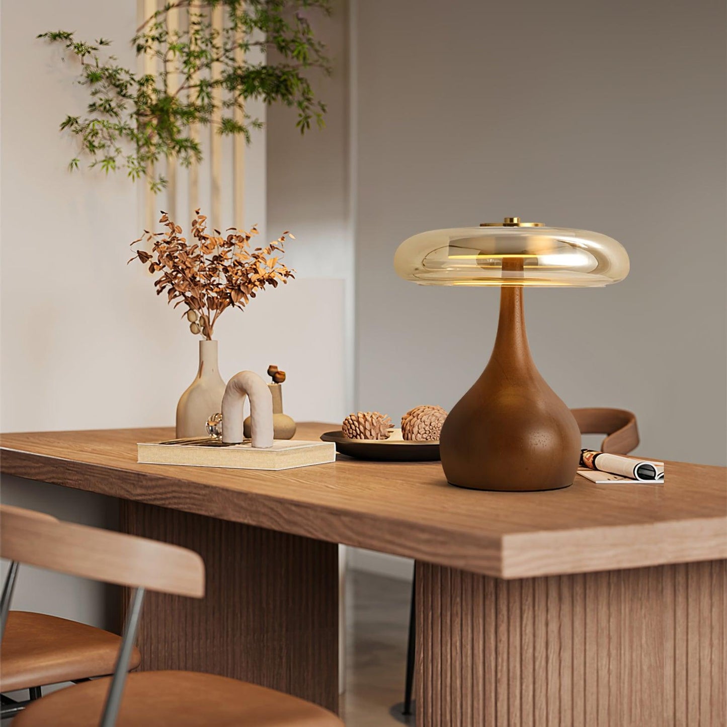 Élise Glass Table Lamp with Wooden Base and LED Dimmer