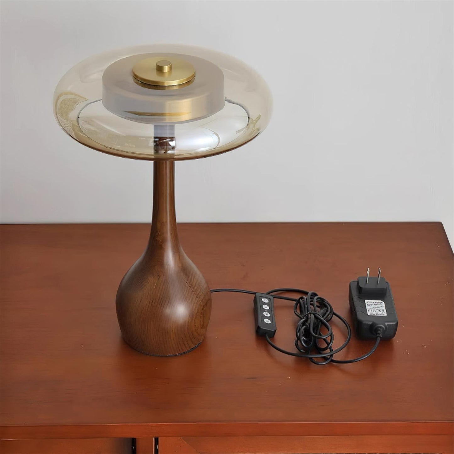Élise Glass Table Lamp with Wooden Base and LED Dimmer