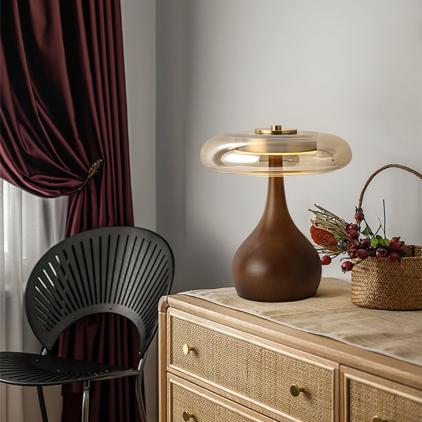Élise Glass Table Lamp with Wooden Base and LED Dimmer