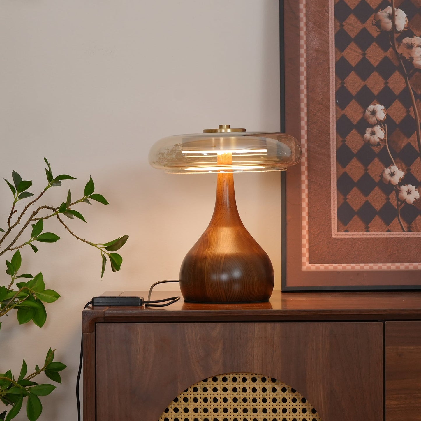 Élise Glass Table Lamp with Wooden Base and LED Dimmer