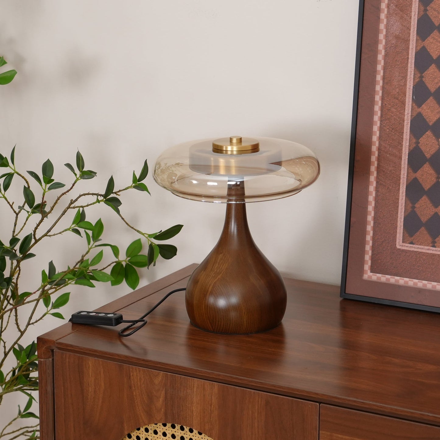 Élise Glass Table Lamp with Wooden Base and LED Dimmer