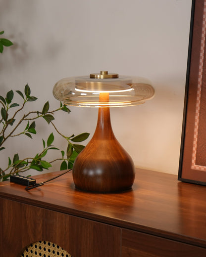 Élise Glass Table Lamp with Wooden Base and LED Dimmer