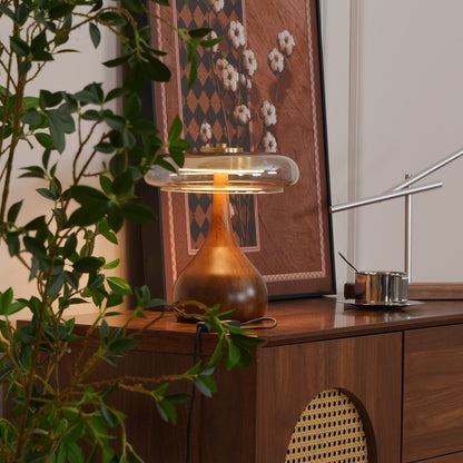 Élise Glass Table Lamp with Wooden Base and LED Dimmer