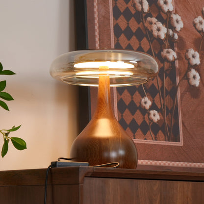 Élise Glass Table Lamp with Wooden Base and LED Dimmer