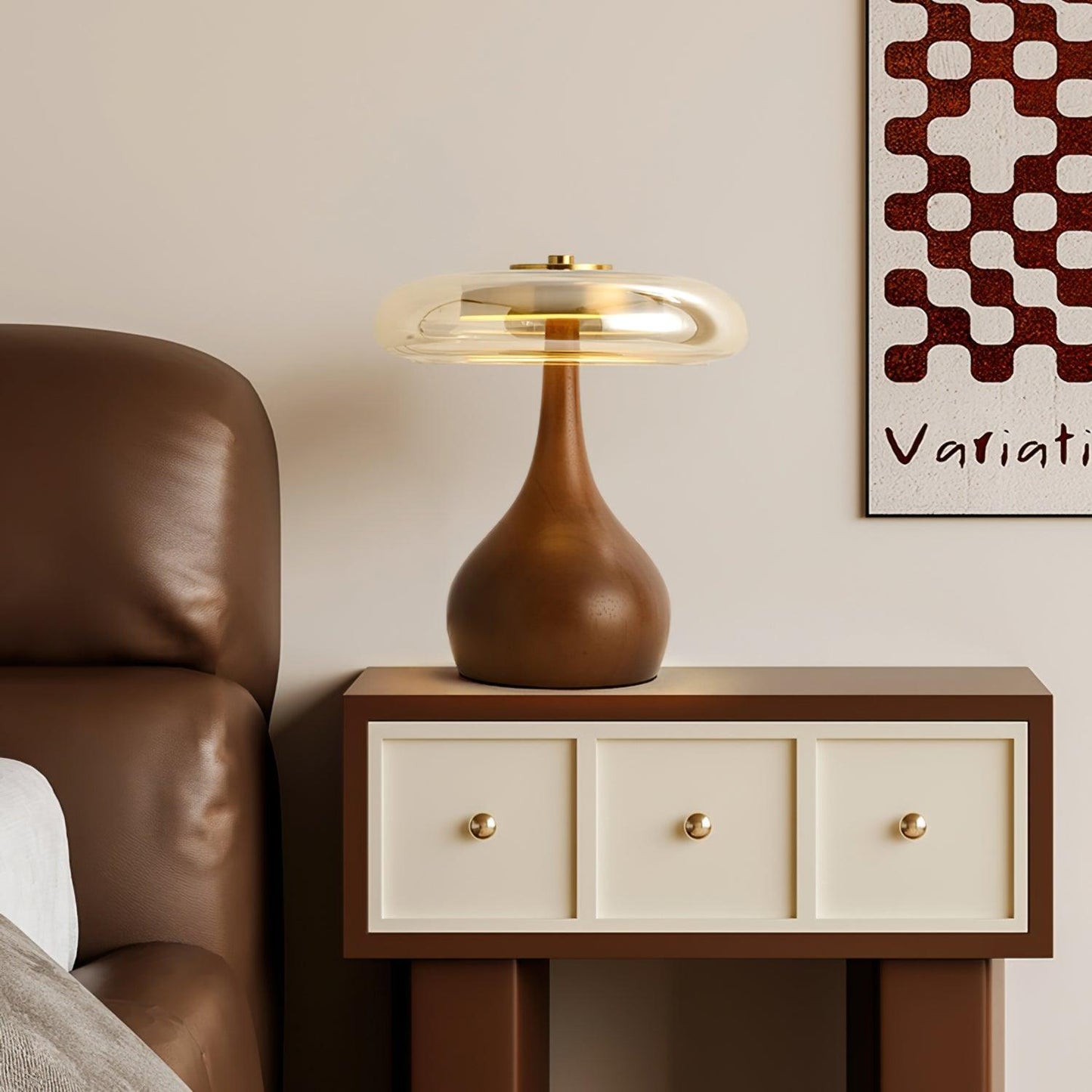 Élise Glass Table Lamp with Wooden Base and LED Dimmer