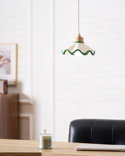 Juliette Pendant Lamp, Scalloped Resin Shade with Wood Accent