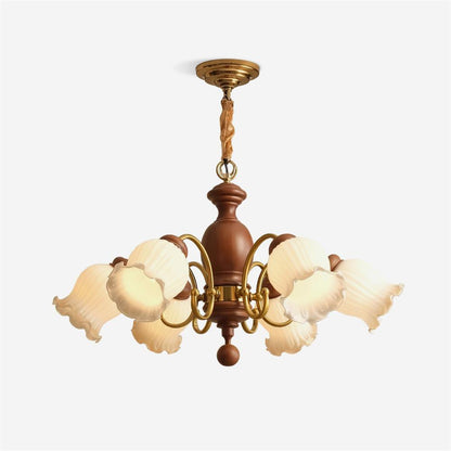 Céleste Wood Chandelier, Floral Glass Shades with Metal Arms