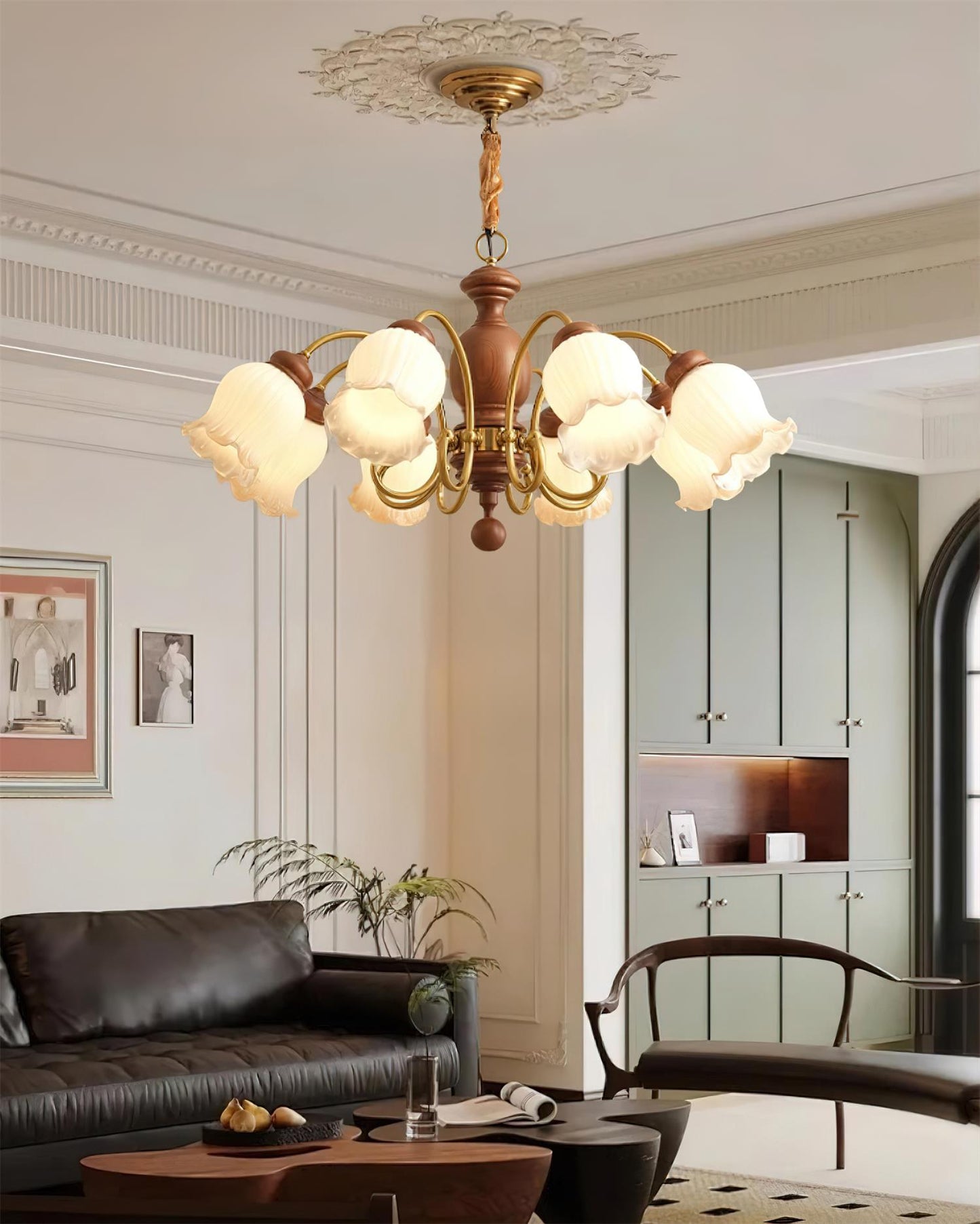 Céleste Wood Chandelier, Floral Glass Shades with Metal Arms