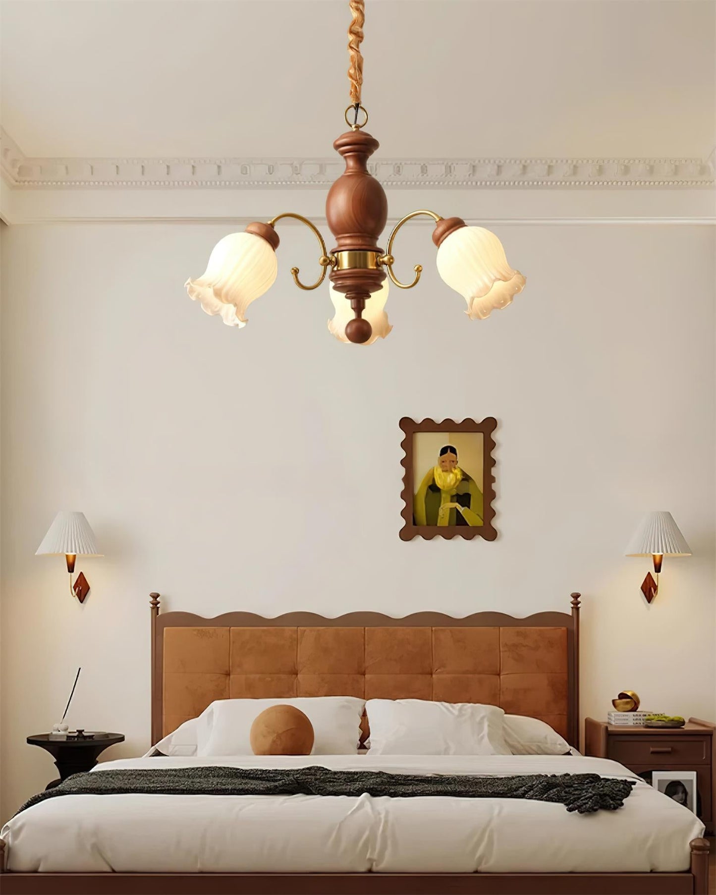 Céleste Wood Chandelier, Floral Glass Shades with Metal Arms