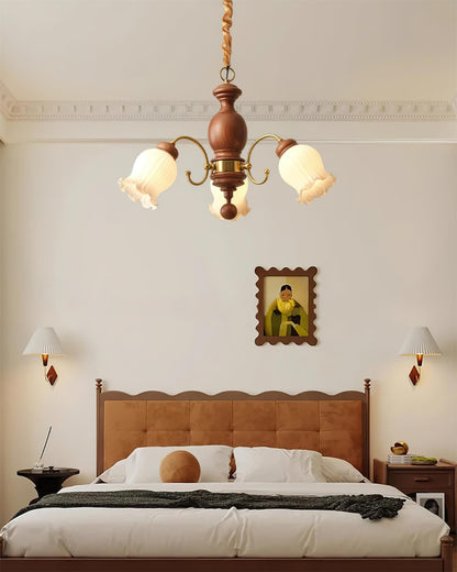 Céleste Wood Chandelier, Floral Glass Shades with Metal Arms