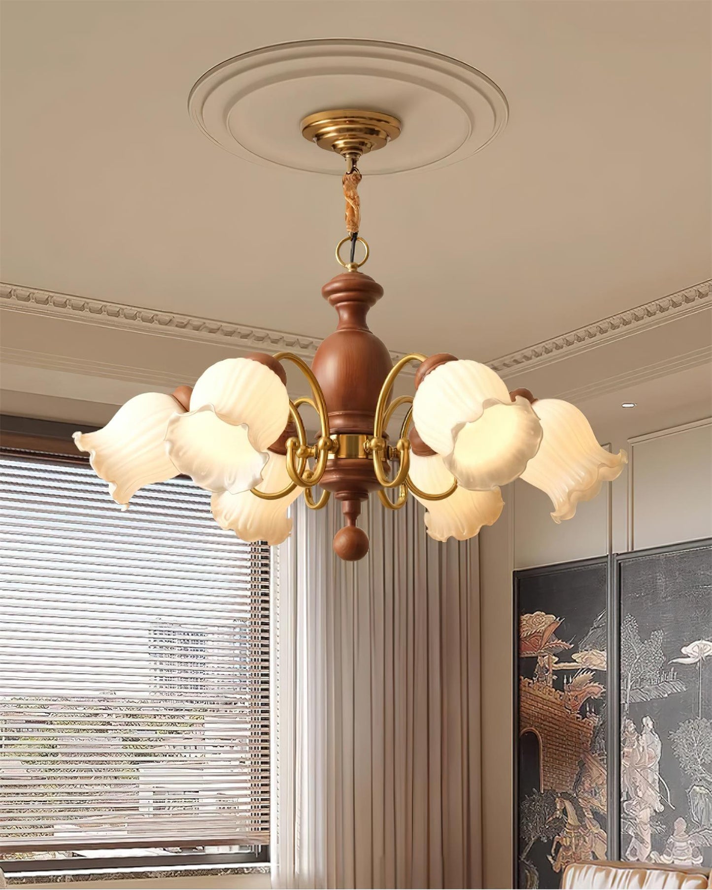 Céleste Wood Chandelier, Floral Glass Shades with Metal Arms