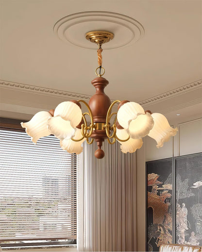 Céleste Wood Chandelier, Floral Glass Shades with Metal Arms