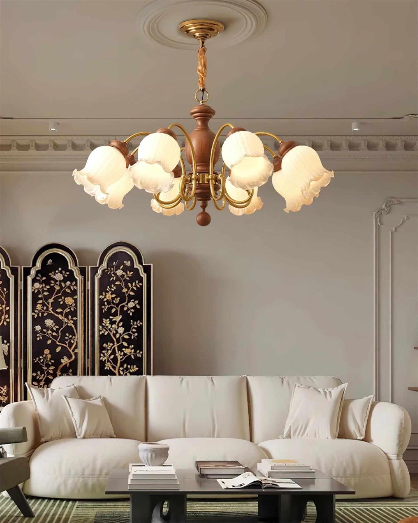 Céleste Wood Chandelier, Floral Glass Shades with Metal Arms