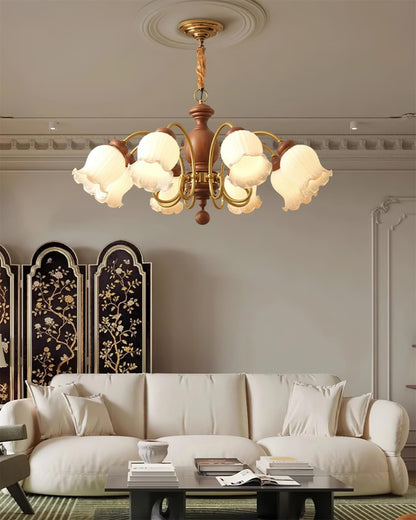 Céleste Wood Chandelier, Floral Glass Shades with Metal Arms