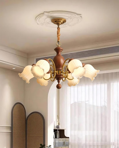 Céleste Wood Chandelier, Floral Glass Shades with Metal Arms