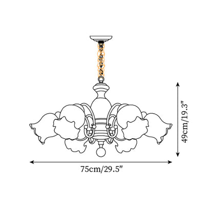 Céleste Wood Chandelier, Floral Glass Shades with Metal Arms