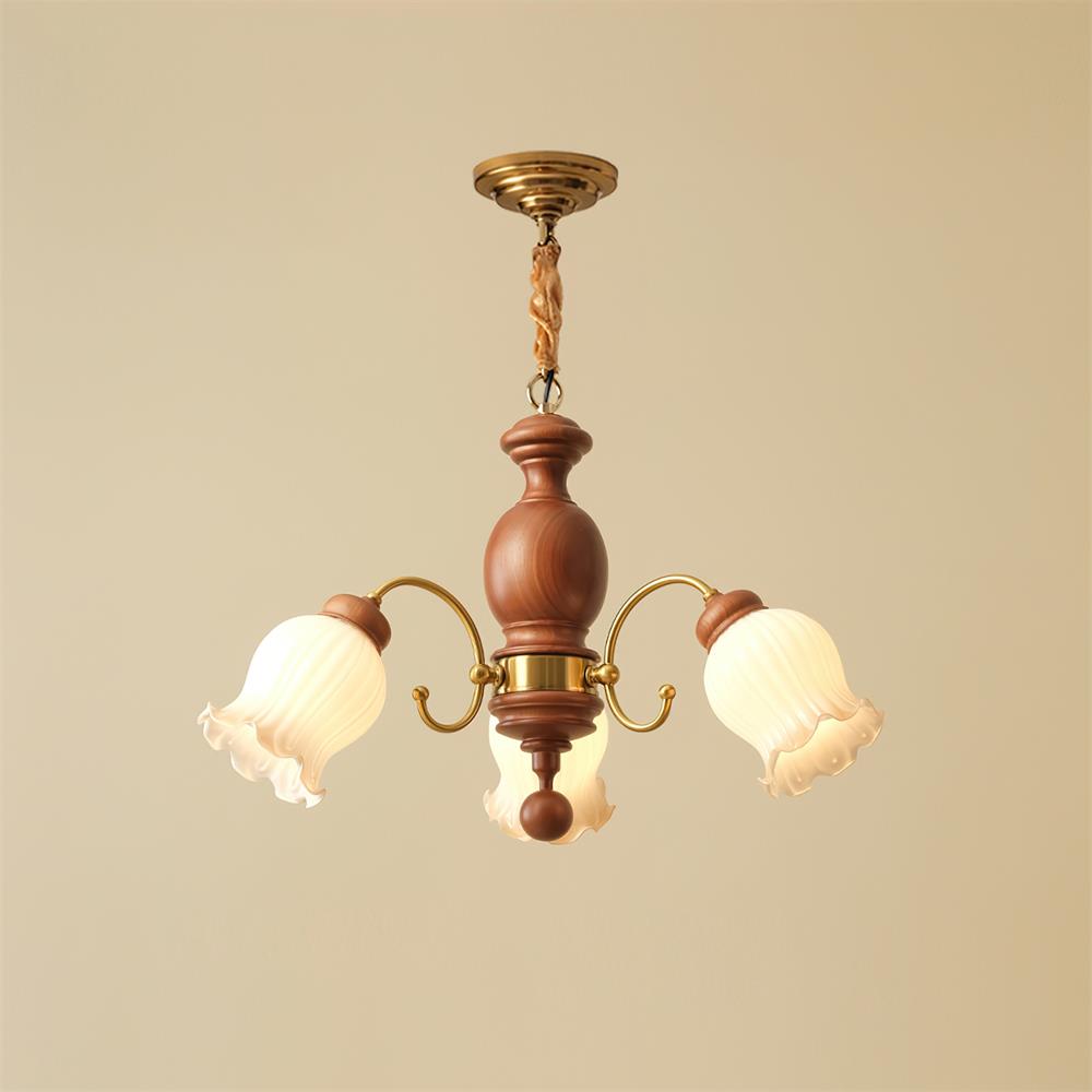Céleste Wood Chandelier, Floral Glass Shades with Metal Arms