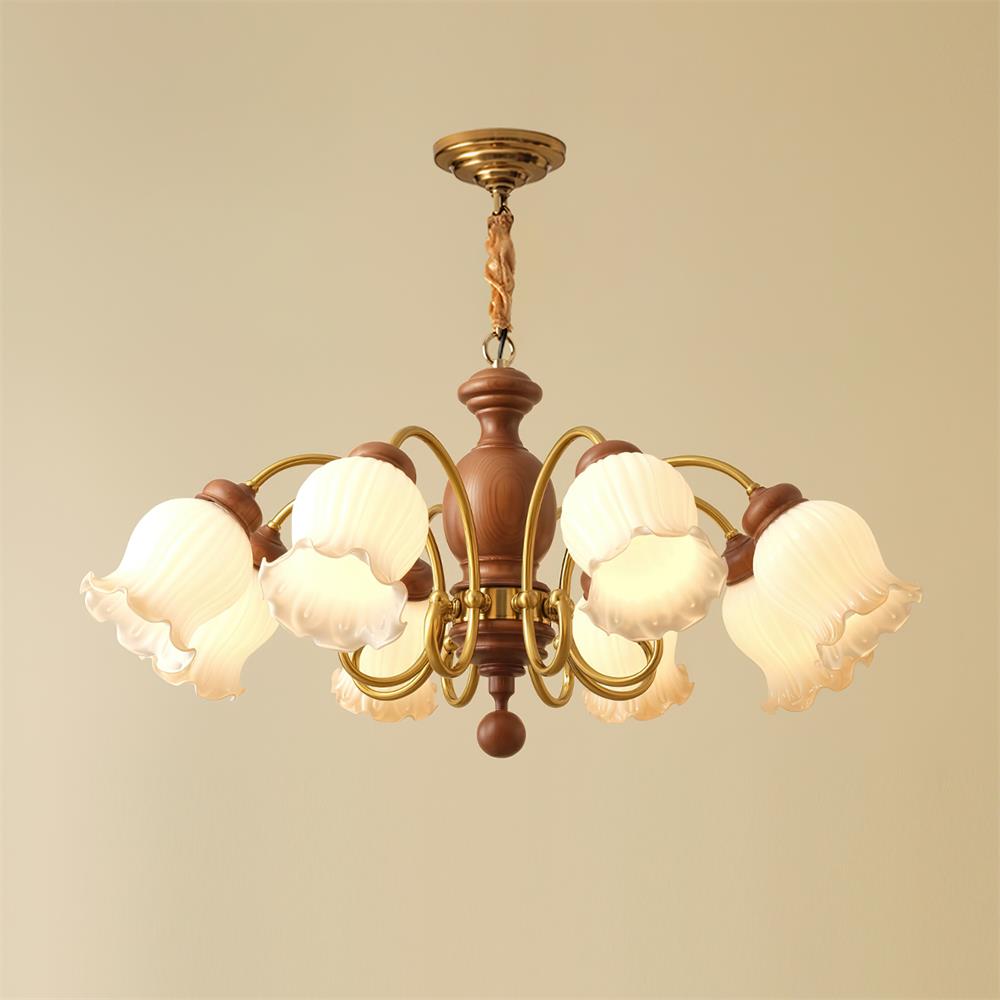 Céleste Wood Chandelier, Floral Glass Shades with Metal Arms