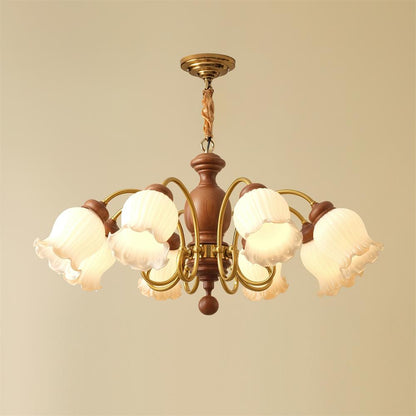 Céleste Wood Chandelier, Floral Glass Shades with Metal Arms