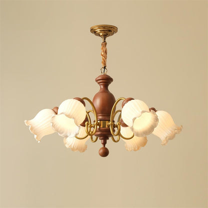 Céleste Wood Chandelier, Floral Glass Shades with Metal Arms
