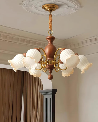 Céleste Wood Chandelier, Floral Glass Shades with Metal Arms