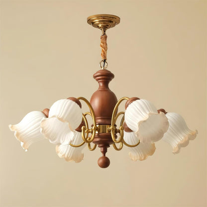 Céleste Wood Chandelier, Floral Glass Shades with Metal Arms