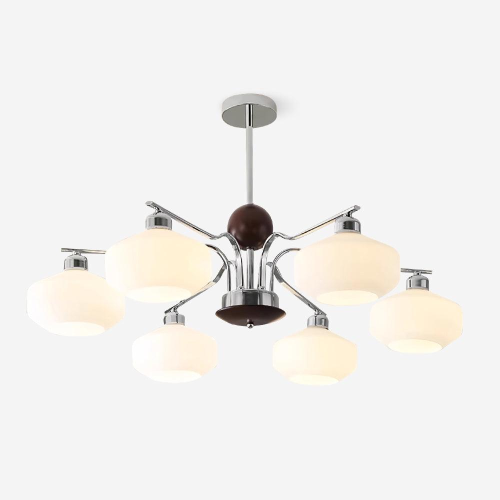 Béatrice Retro Chandelier, Glass Shades with Wood and Metal Frame