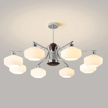 Béatrice Retro Chandelier, Glass Shades with Wood and Metal Frame