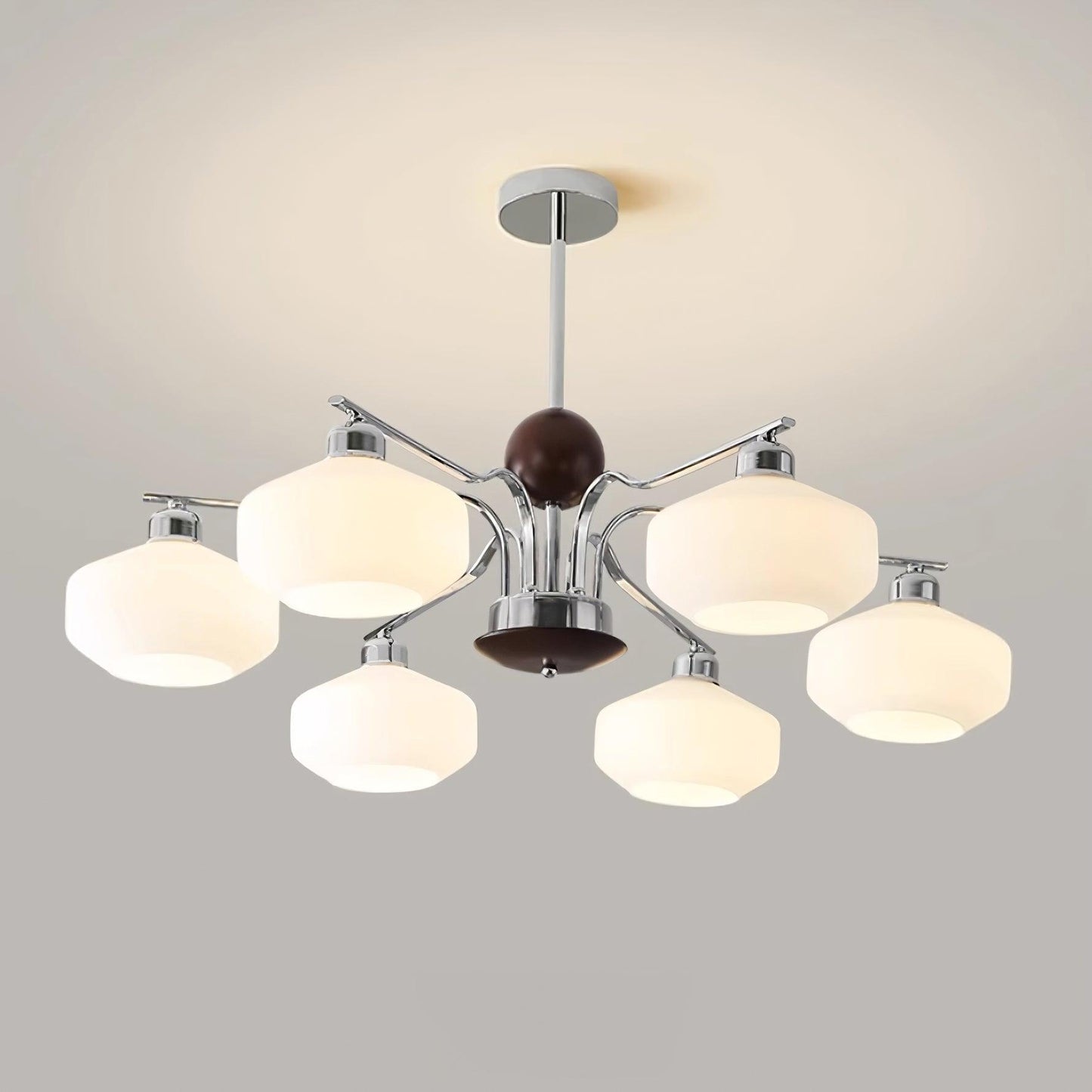 Béatrice Retro Chandelier, Glass Shades with Wood and Metal Frame