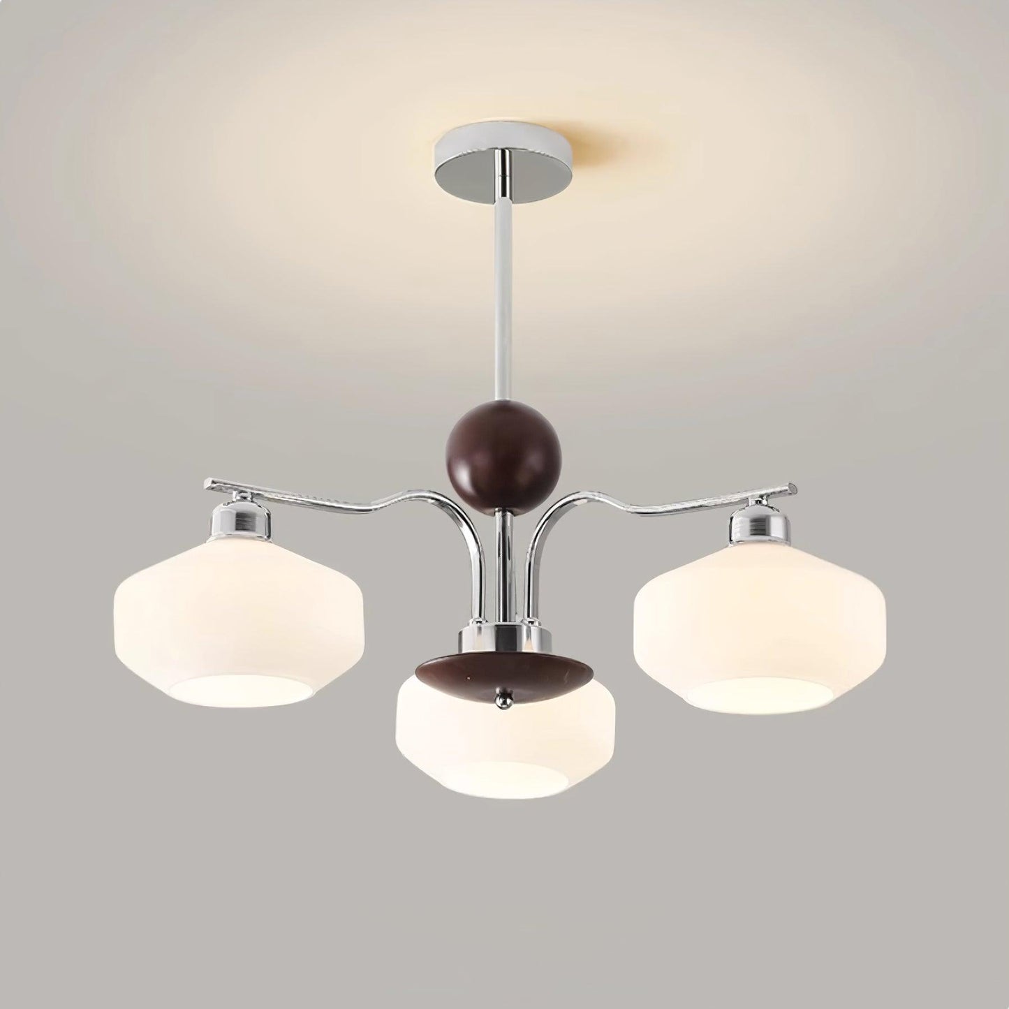 Béatrice Retro Chandelier, Glass Shades with Wood and Metal Frame