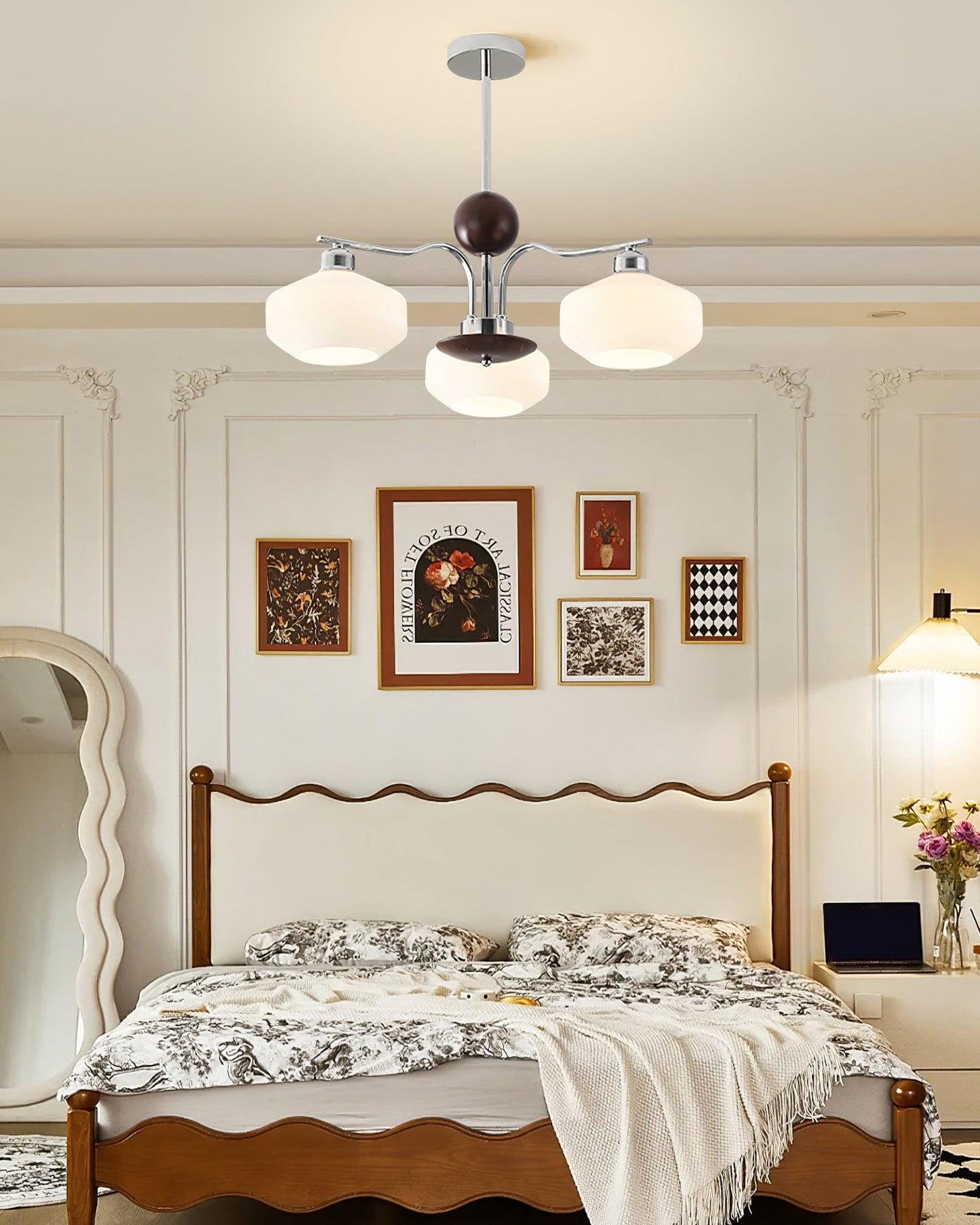 Béatrice Retro Chandelier, Glass Shades with Wood and Metal Frame
