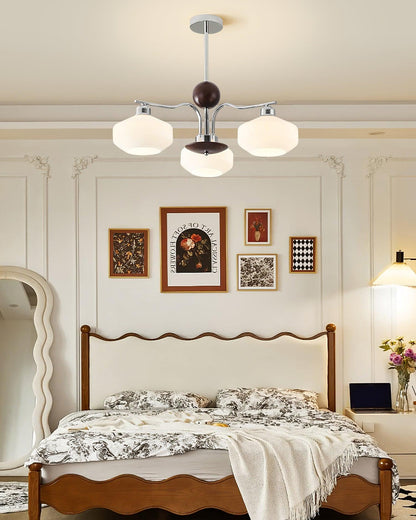 Béatrice Retro Chandelier, Glass Shades with Wood and Metal Frame
