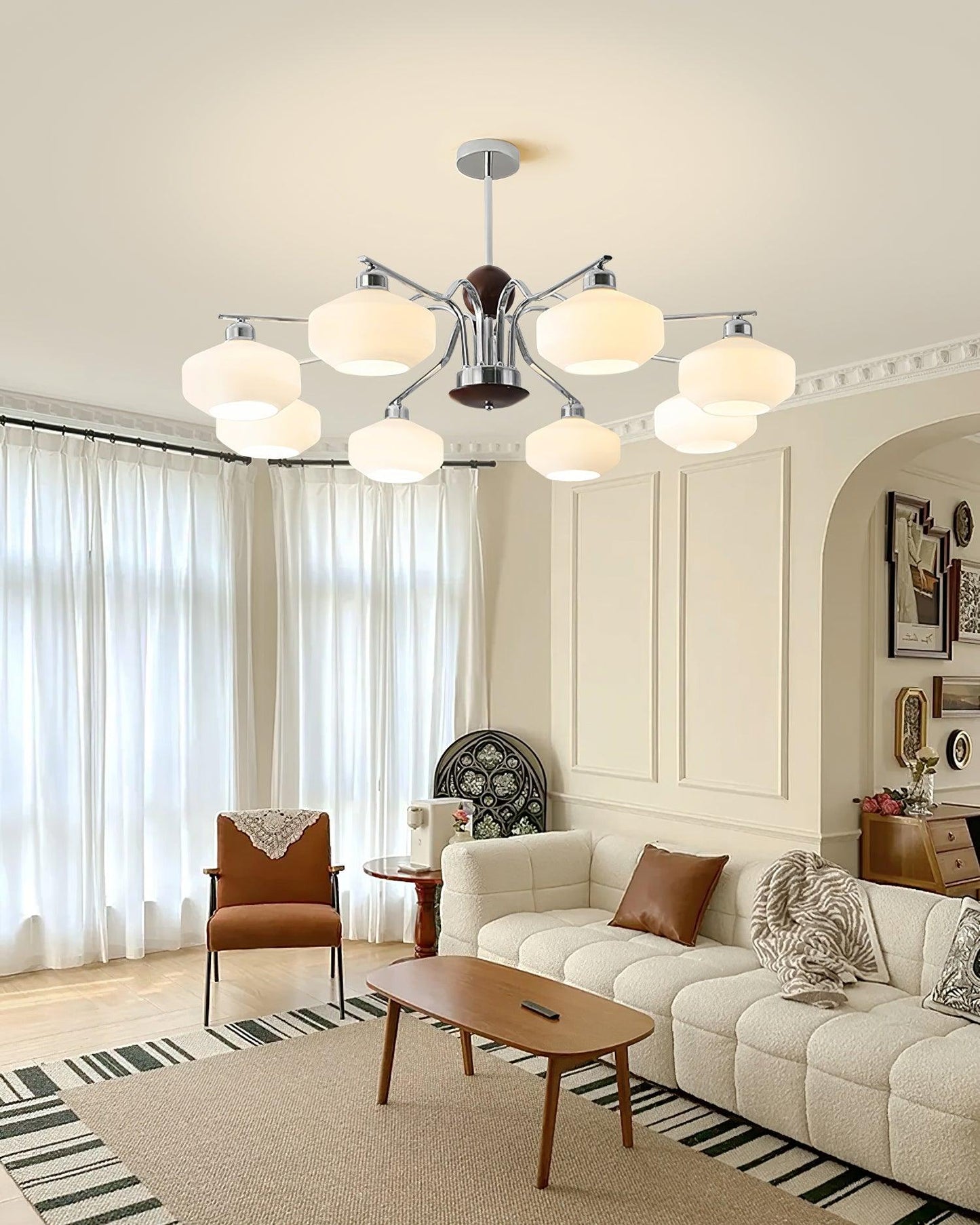 Béatrice Retro Chandelier, Glass Shades with Wood and Metal Frame