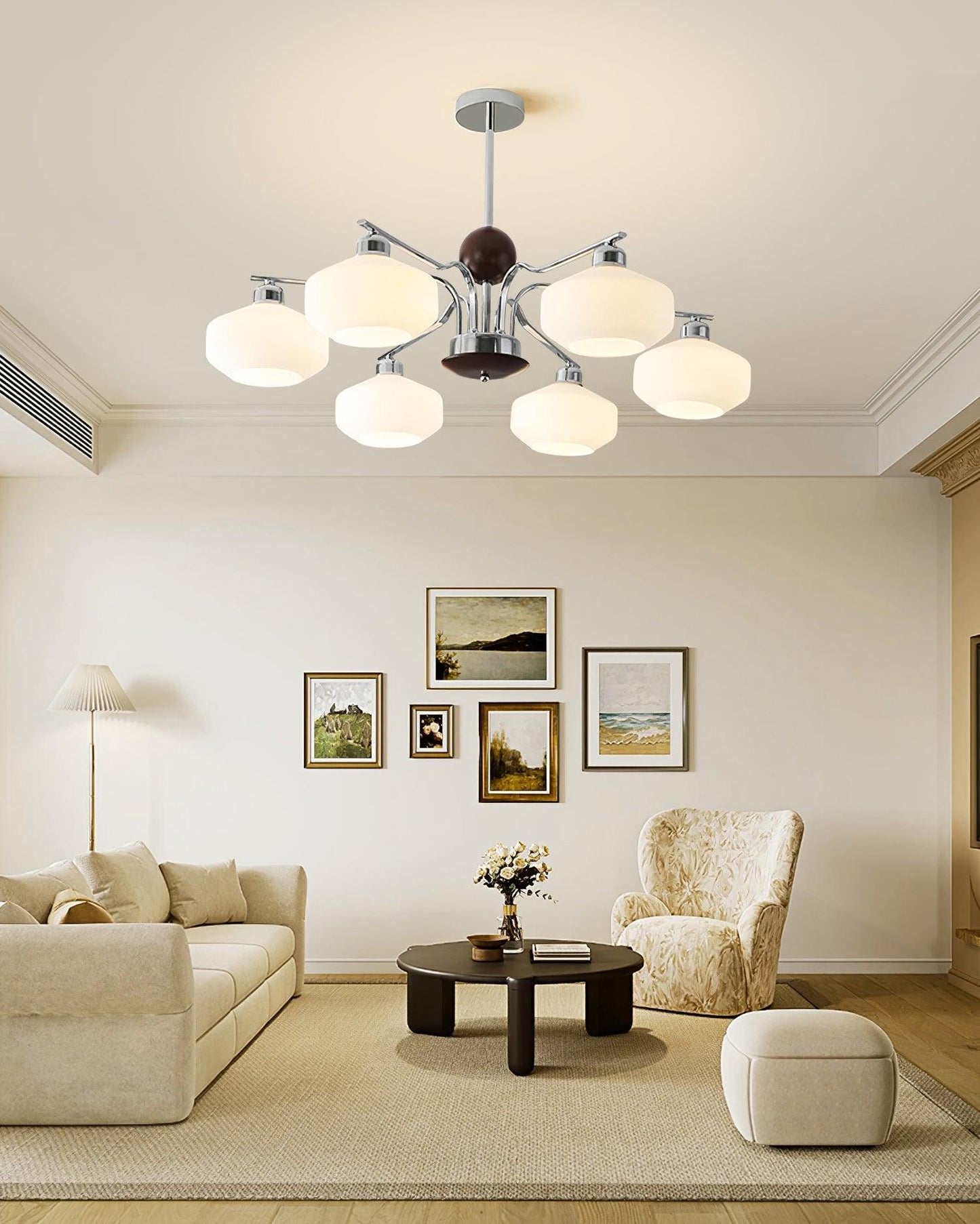 Béatrice Retro Chandelier, Glass Shades with Wood and Metal Frame