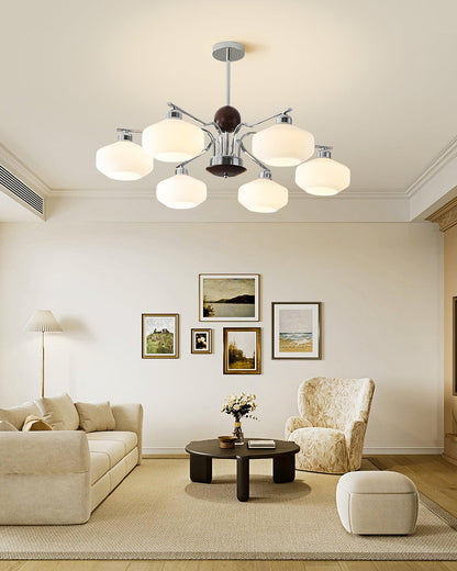 Béatrice Retro Chandelier, Glass Shades with Wood and Metal Frame