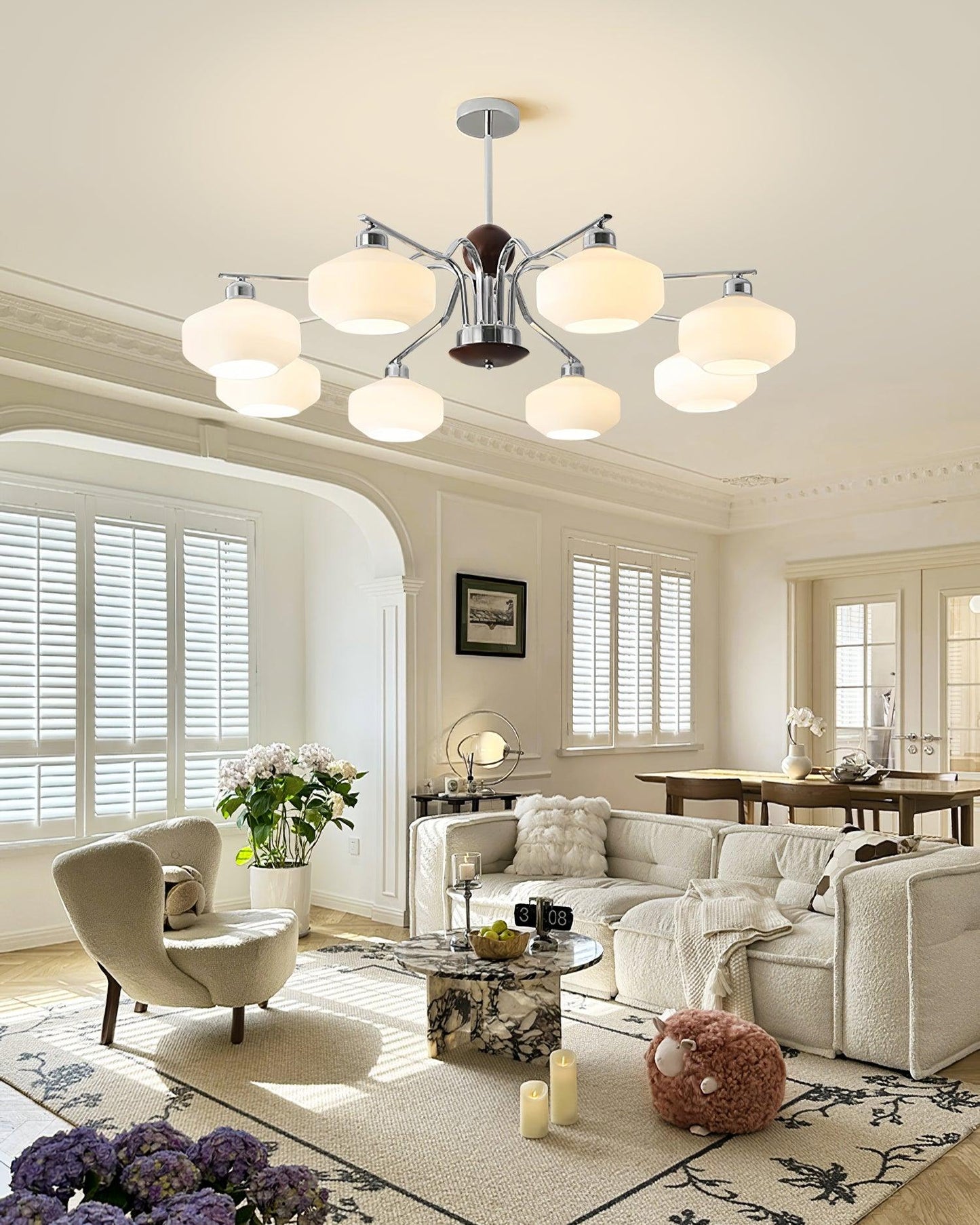 Béatrice Retro Chandelier, Glass Shades with Wood and Metal Frame